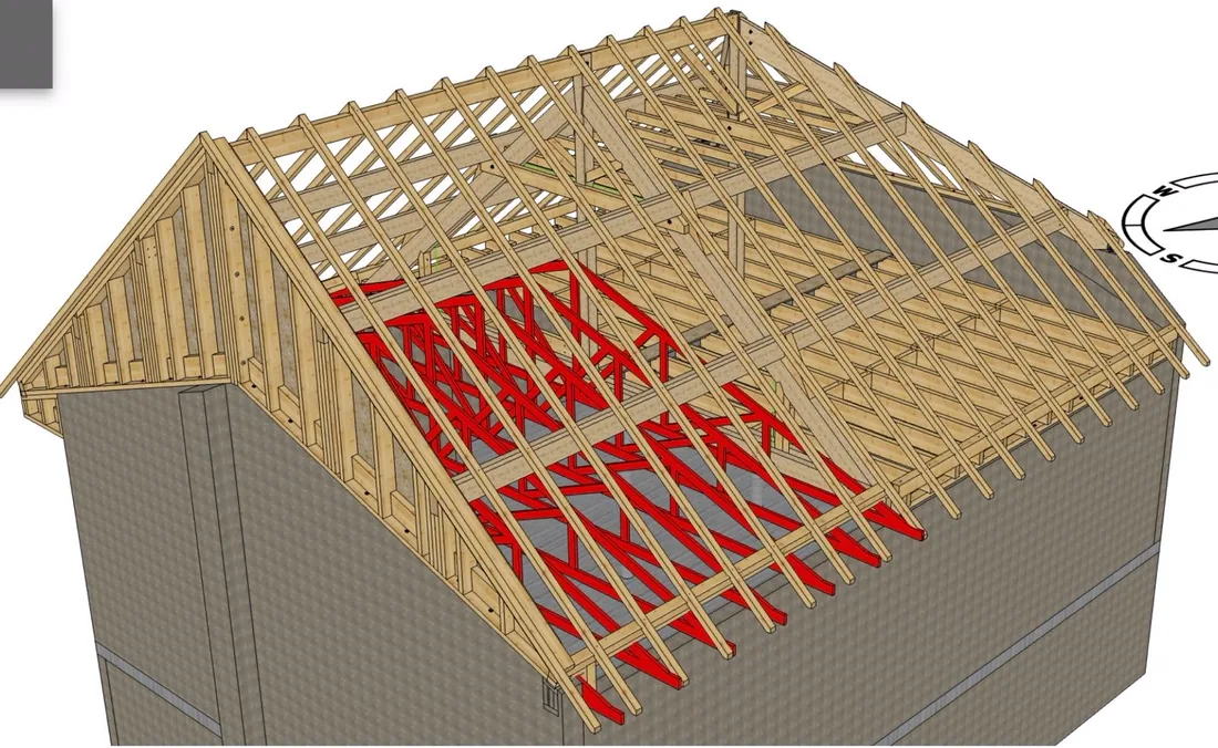 Plan d'exécution en 3D d'une charpente : pièces neuves en bois clair, structure existante en rouge