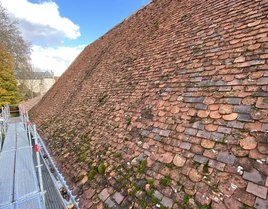 Toiture ancienne envahie de mousse à côté d'une couverture rénovée par LMB Couverture