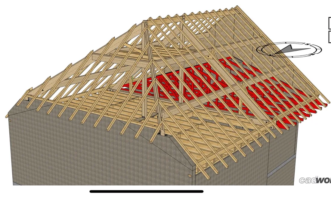 Plan d'exécution en 3D d'une charpente, pièces de bois et renforts affichés en couleur